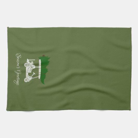 クリスマスツリー付きゴルフカート |オリーブグリーン キッチンタオル (横)