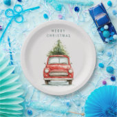 クリスマスツリー付きフェスティブな赤い車の紙皿 ペーパープレート (パーティー)