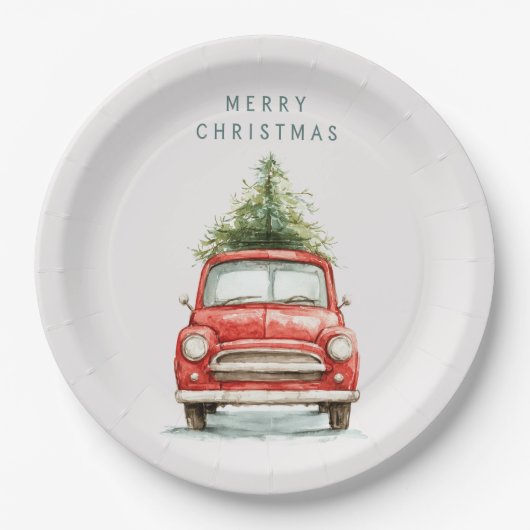 クリスマスツリー付きフェスティブな赤い車の紙皿 ペーパープレート (正面)