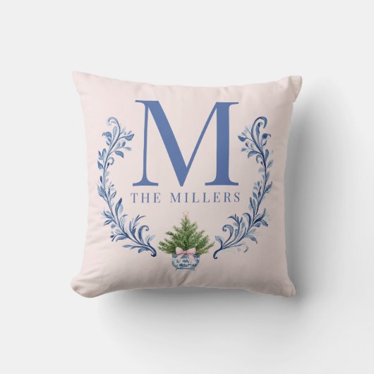 クリスマスツリー付きブルーモノグラムクレスト クッション (正面)
