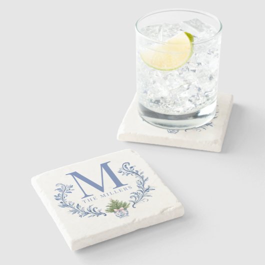 クリスマスツリー付きブルーモノグラムクレスト ストーンコースター (横)