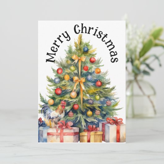 クリスマスツリー付きメリークリスマスルースター シーズンカード (スタンド正面)