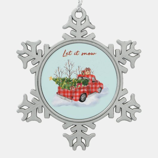 クリスマスツリー付きレッドトラック スノーフレークピューターオーナメント (正面)