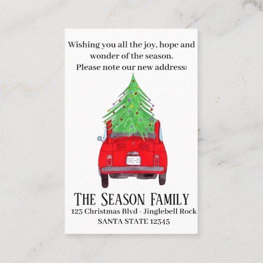 クリスマスツリー付き新しい住所レッドフィアット500 名刺 (裏面)