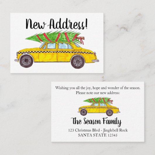 クリスマスツリー付き新しい住所NYタクシー 名刺 (正面/裏面)