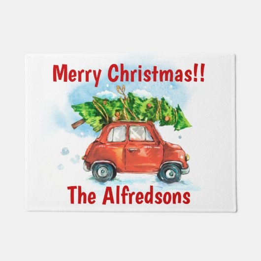 クリスマスツリー付き水彩車 ドアマット (正面)