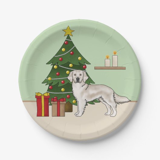 クリスマスツリー付き英語クリームゴールデンレトリバー ペーパープレート (正面)