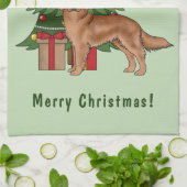 クリスマスツリー付き赤ゴールデンレトリバー犬 キッチンタオル (折り畳み)
