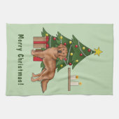 クリスマスツリー付き赤ゴールデンレトリバー犬 キッチンタオル (横)