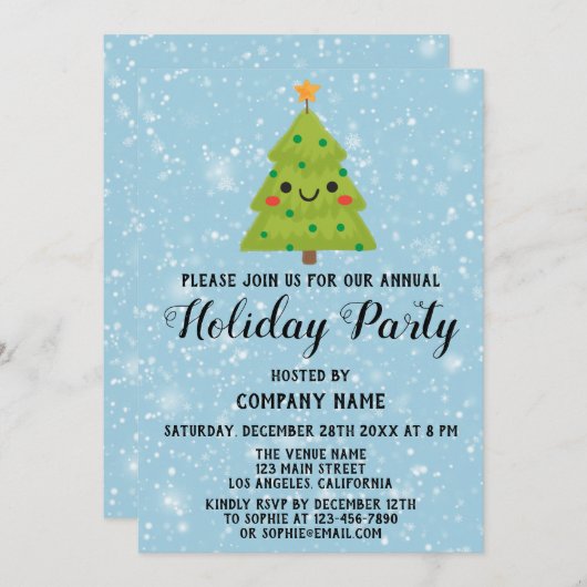 クリスマスツリー会社ホリデーパーティブルースノー 招待状 (正面/裏面)