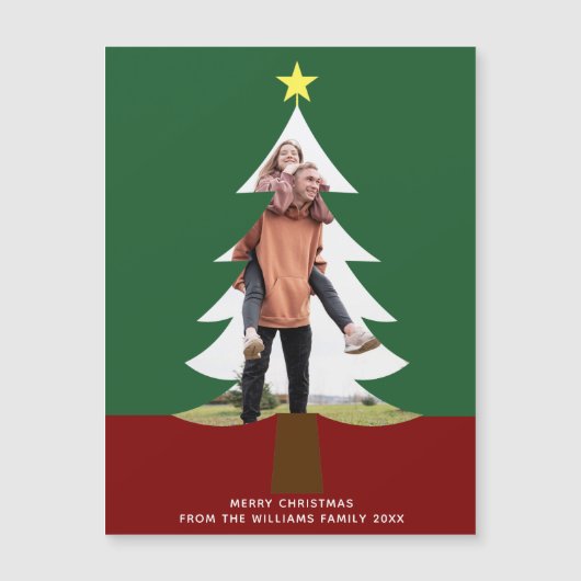クリスマスツリー写真かわいいグリーンレッドマグネットカード (正面)