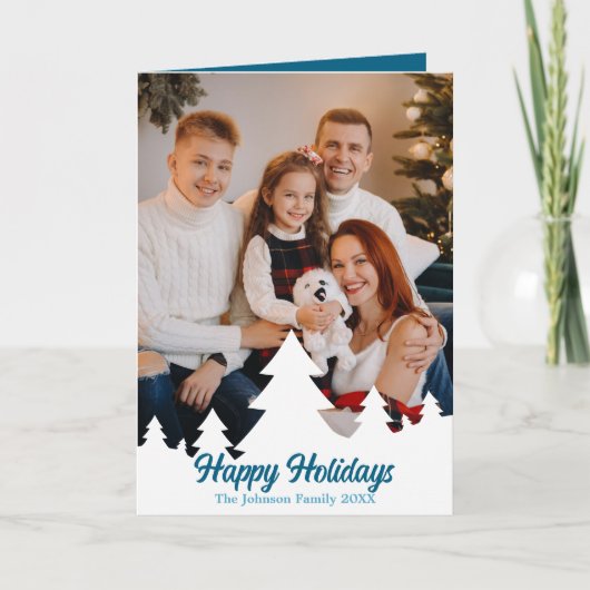 クリスマスツリー写真オーバーレイかわいいブルーファミリー シーズンカード (正面)