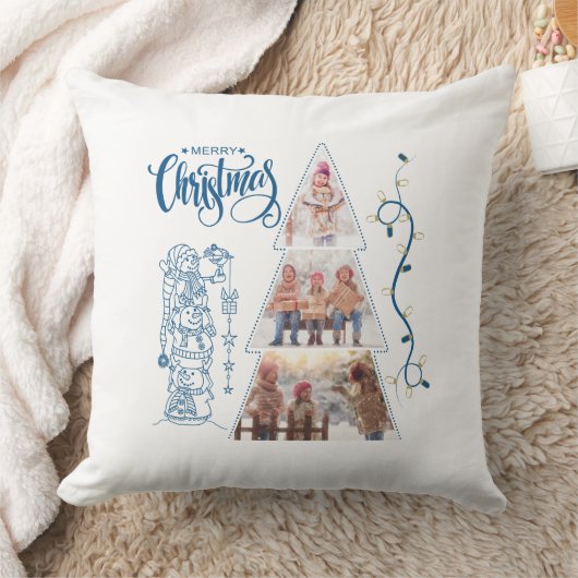 クリスマスツリー写真コラージングブルースタイル クッション (ブランケット)