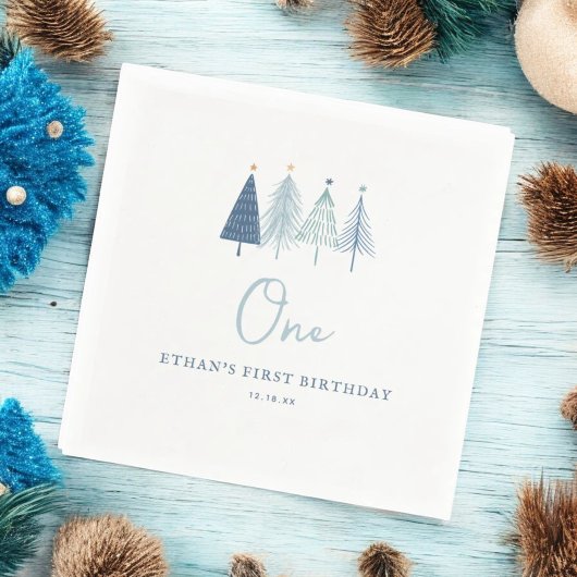 クリスマスツリー冬のオネダーランド少年の最初の誕生日 スタンダードカクテルナプキン