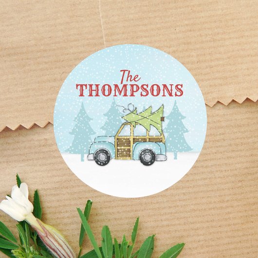 クリスマスツリー冬のシーンヴィンテージカーかわいい ラウンドシール