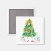 クリスマスツリー冬の休暇かわいい小さな女の子 マグネット (正面/裏面)