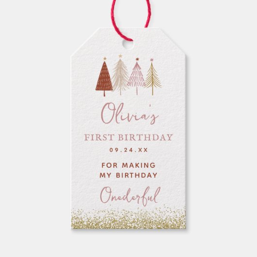 クリスマスツリー冬の女の子1st誕生日ありがとう ギフトタグ (正面)