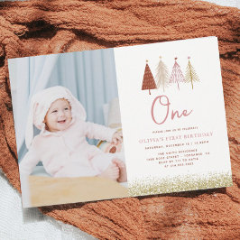 クリスマスツリー冬の女の子1st誕生日の写真 招待状