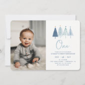 クリスマスツリー冬の男の子1st誕生日の写真 招待状 (正面)