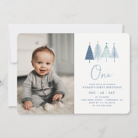 クリスマスツリー冬の男の子1st誕生日の写真 招待状 (正面)