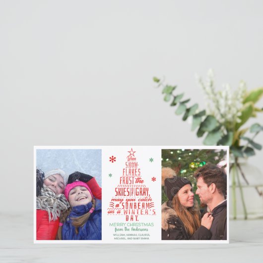 クリスマスツリー冬の雪片の詩の家族写真 シーズンカード (スタンド正面)