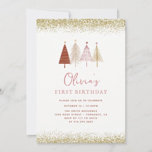クリスマスツリー冬ワンダーランドガール1st誕生日 招待状 (正面)