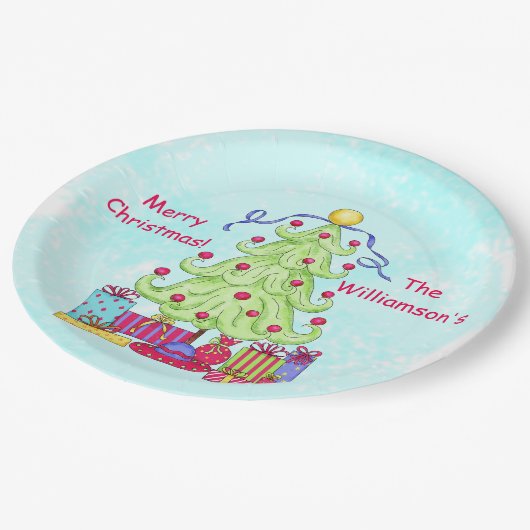 クリスマスツリー名パーソナライズされたターコイズパーティー ペーパープレート (アングル)