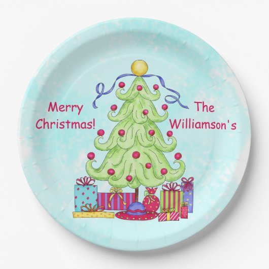 クリスマスツリー名パーソナライズされたターコイズパーティー ペーパープレート (正面)
