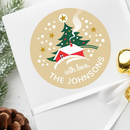 クリスマスツリー名前をカスタムする雪ヴィンテージ金ゴールド ラウンドシール
