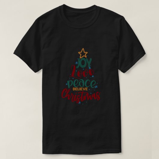 クリスマスツリー喜び愛の平和信じクリスマスT- Tシャツ (デザイン正面)