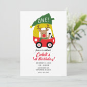 クリスマスツリー子供パーティーの小さなトナカイの赤い車 招待状 (スタンド正面)