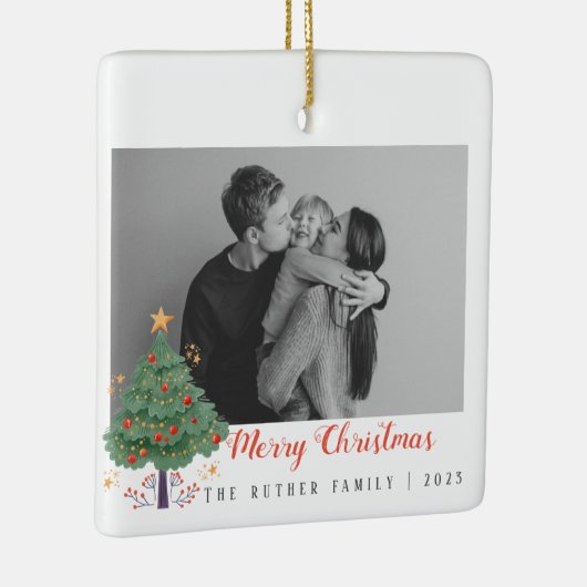 クリスマスツリー家族の写真の休日はがき セラミックオーナメント (右)