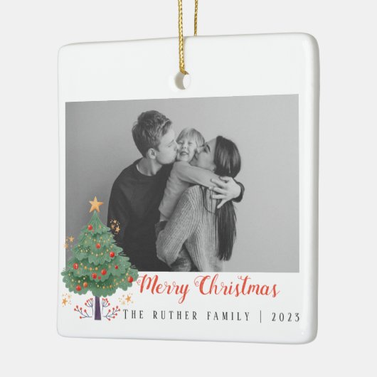 クリスマスツリー家族の写真の休日はがき セラミックオーナメント (左)