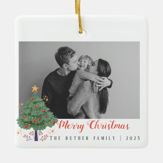 クリスマスツリー家族の写真の休日はがき セラミックオーナメント (正面)