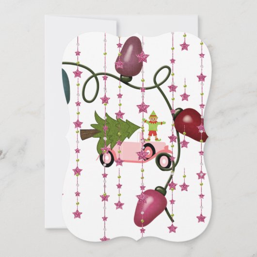 クリスマスツリー小妖精や小人ピンクカーフラットグリーティングカード カード (正面)