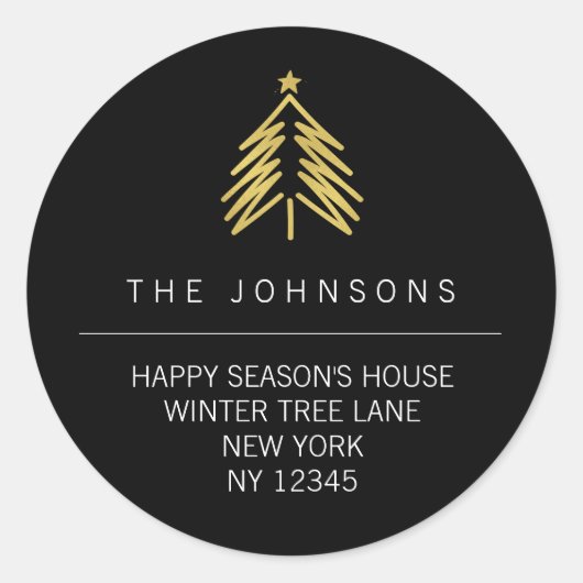 クリスマスツリー差出人住所ラベル – ブラック ラウンドシール (正面)