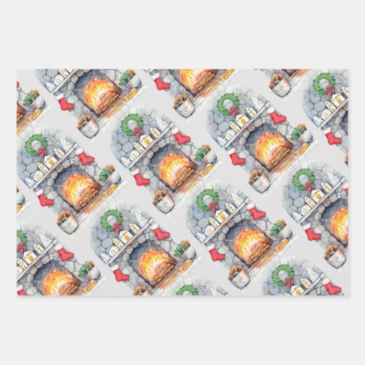 クリスマスツリー暖炉の馬のおもちゃ家族のギフト ラッピングペーパーシート (正面2)