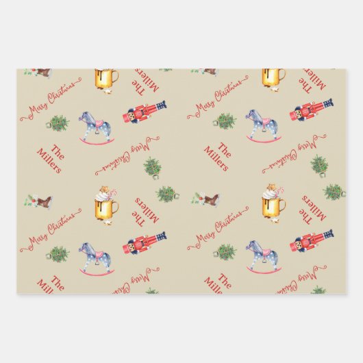 クリスマスツリー暖炉の馬のおもちゃ家族のギフト ラッピングペーパーシート (正面)