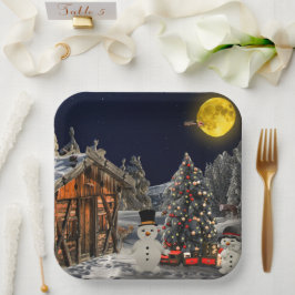 クリスマスツリー木製コテージ雪だるまフルムーン ペーパープレート
