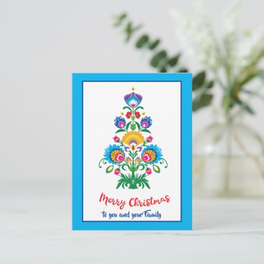 🎄クリスマスツリー民俗青い休日はがき シーズンポストカード (スタンド正面)