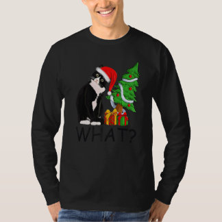 クリスマスツリー点灯サンタクロース黒猫ホリデー Tシャツ