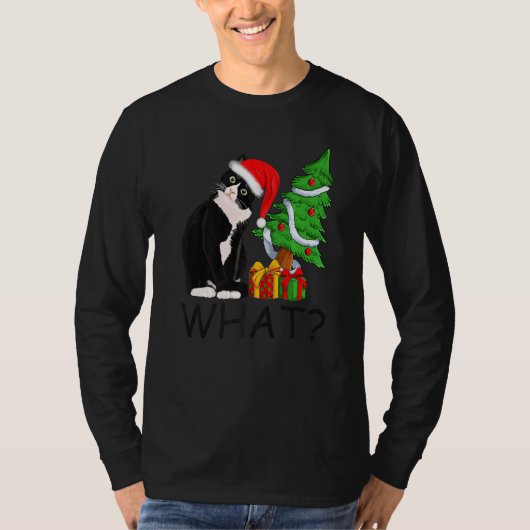 クリスマスツリー点灯サンタクロース黒猫ホリデー Tシャツ (正面)