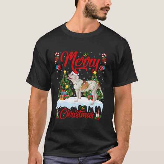 クリスマスツリー照明アメリカンブルドッグメリークリスマ Tシャツ (正面)