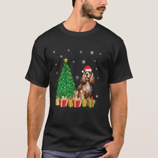 クリスマスツリー照明サンタハットコッカースパニエル犬ドッグCh Tシャツ (正面)
