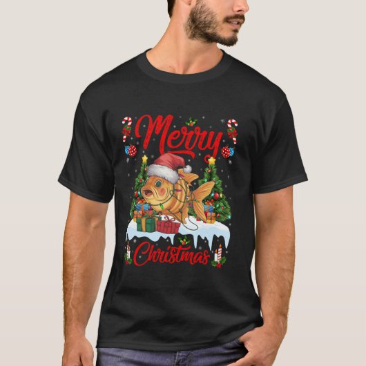クリスマスツリー照明サンタハットゴールドフィッシュクリスマスT Tシャツ (正面)