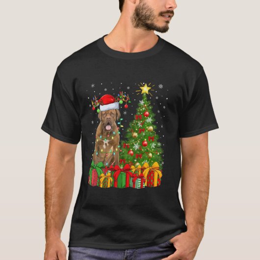 クリスマスツリー照明サンタハットドグデボルドー Tシャツ (正面)