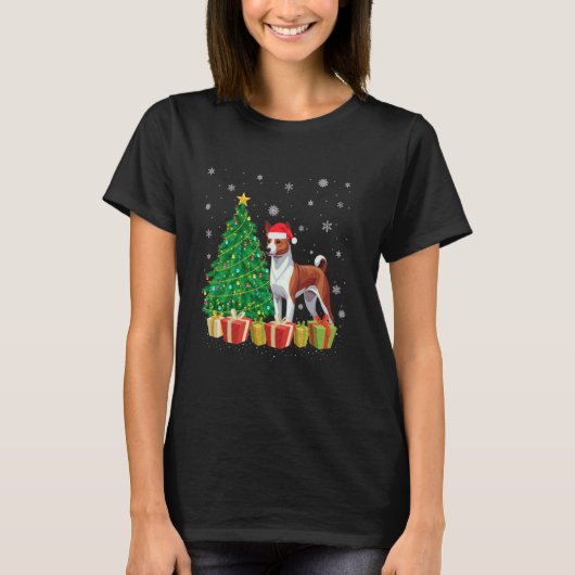 クリスマスツリー照明サンタハットバセンジドッグクリスマス Tシャツ (正面)