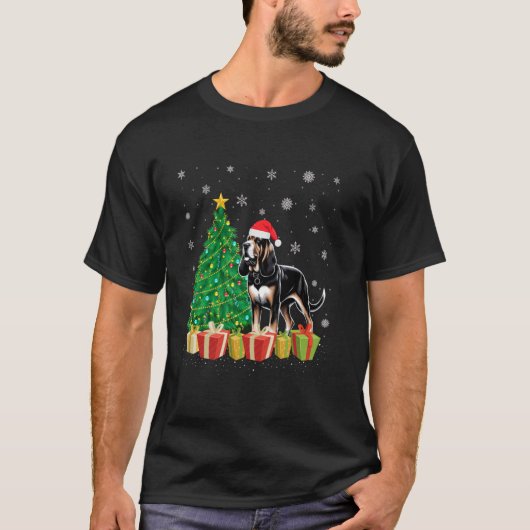 クリスマスツリー照明サンタハットブラッドハウンドドッグキリスト Tシャツ (正面)