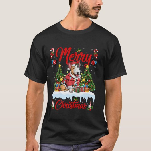 クリスマスツリー照明サンタブルテリアドッグクリスマ Tシャツ (正面)