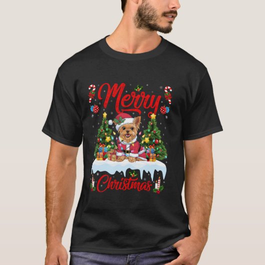 クリスマスツリー照明サンタヨークシャーテリアドッグクリスマス Tシャツ (正面)